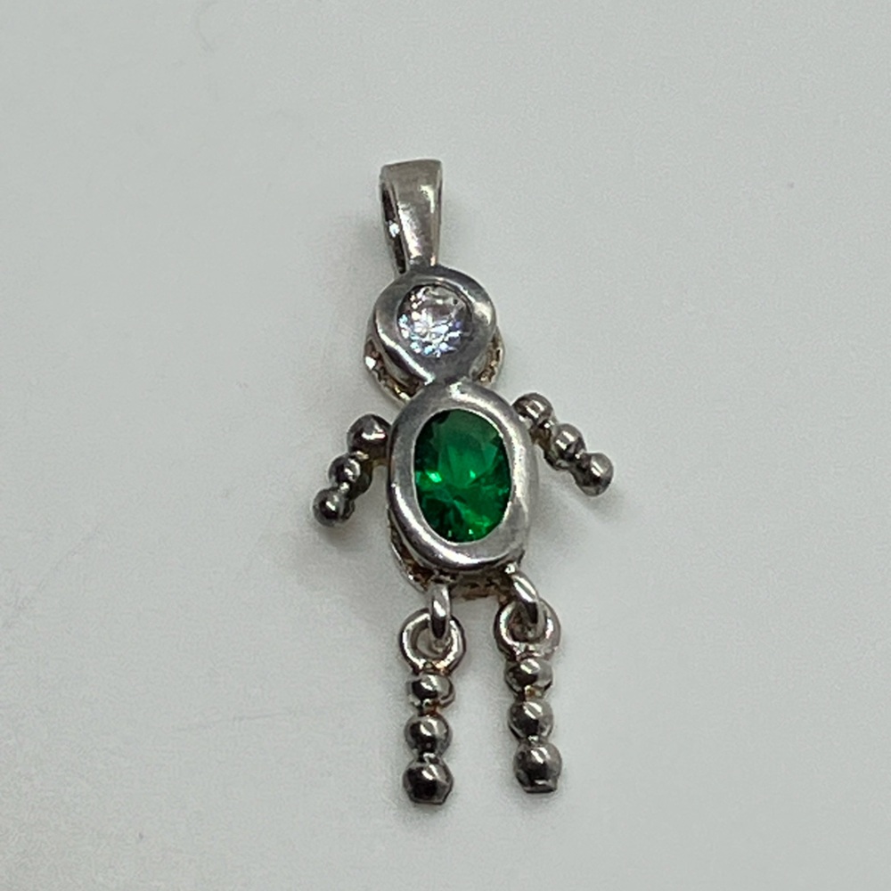 Vtg 925 Sterling Silver & Green Cz May Birthstone Person Necklace Pendant